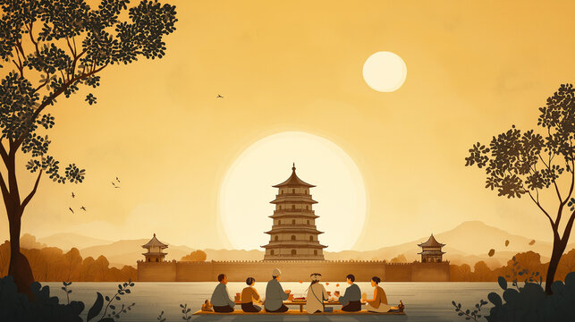 A group of people sitting on a raft and dining together in front of a traditional pagoda during a golden sunset