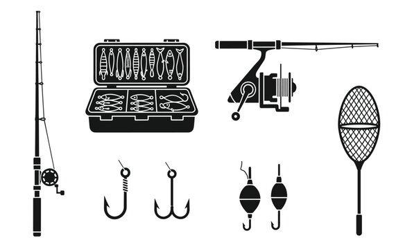 Fishing gear set with spinning rod tackle box hooks bobbers and landing net flat graphics.