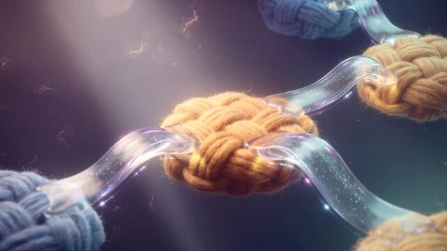 Microscopic 3D animation of woven textile fibers with glowing translucent connections and particles