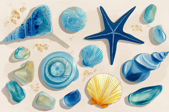 A beautiful collection of blue seashells and a starfish are arranged on a light sand background