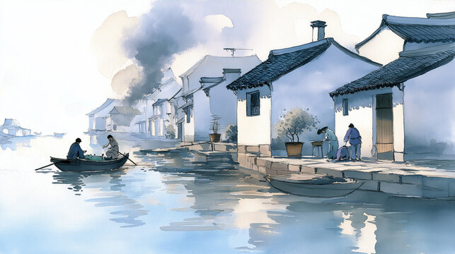 A watercolor painting depicts a peaceful river village scene with traditional white houses and people traveling by wooden boat on the water