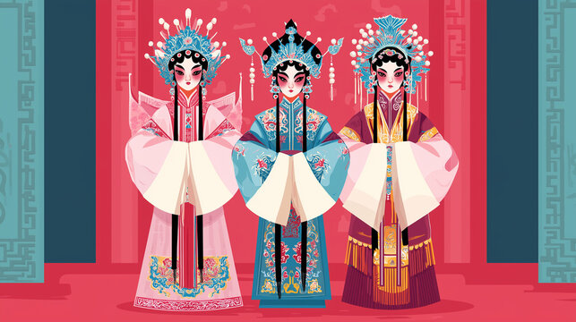 Three performers in traditional Chinese opera costumes and ornate headpieces stand together in a theatrical pose on a red stage