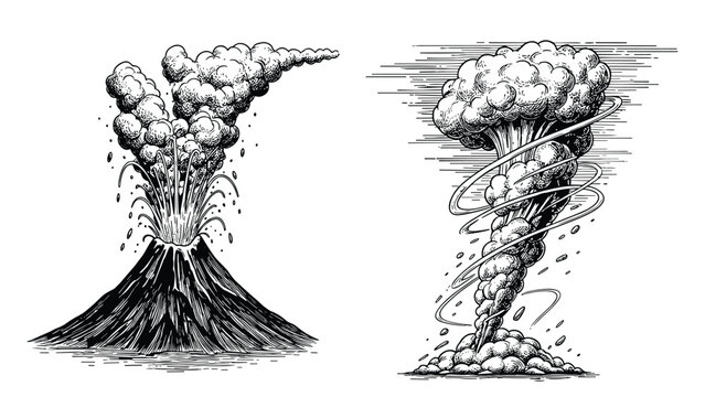Volcano eruption and smoke column sketches with engraved textures for geological concepts.