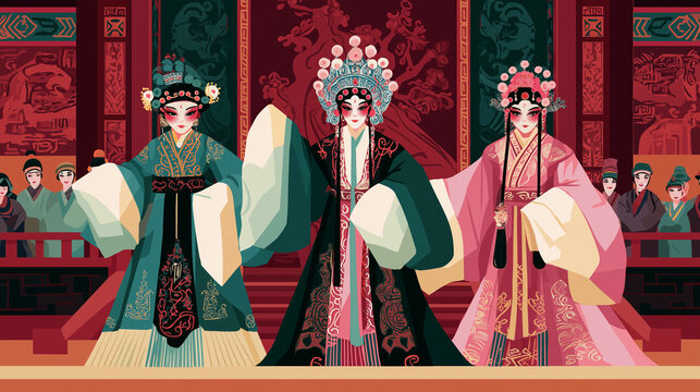Three performers in traditional costumes and elaborate headwear stand on a stage during a classic Chinese opera performance