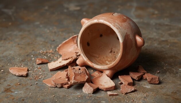 There is a broken clay vase sitting on a table