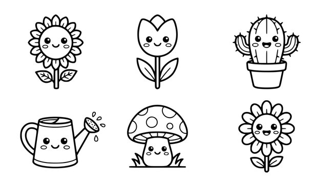 Cute garden and flower cartoon characters vector illustration set bold black and white outline for KDP coloring book and stickers of sunflower tulip and cactus