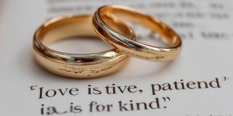 Naklejka premium The Gold Wedding Rings Resting on a Book with Romantic Quote