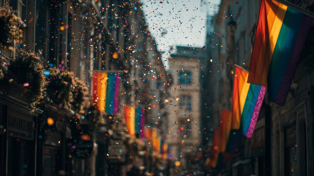 Rainbow pride flags hanging across city street during LGBTQ celebration festival