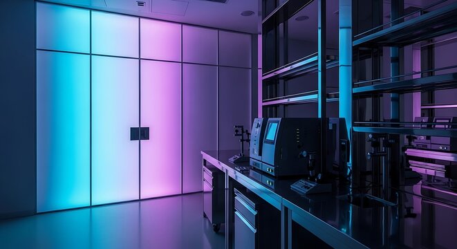 Modern laboratory interior with colorful LED backlighting on frosted glass partition and scientific equipment