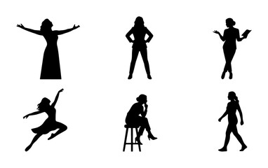 Fototapeta premium Diverse Female Silhouettes Collection, 6 Vector Poses for Business and Lifestyle Concepts, Elegant and Dynamic Figures