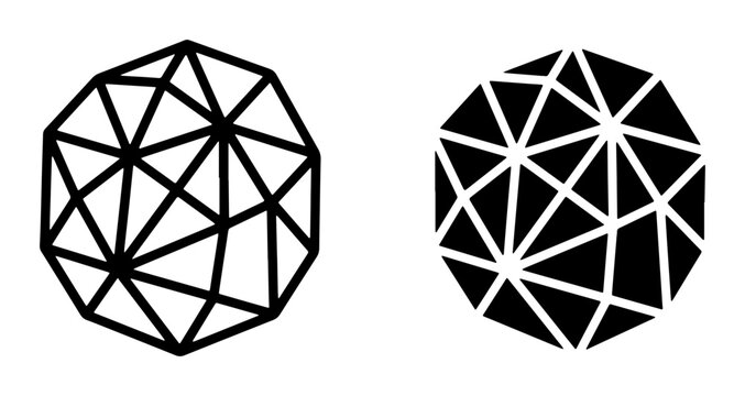 Geometric Polygon Shapes, Abstract Wireframe Sphere, Modern Low Poly Icon Set, Minimalist Black and White Vector Art