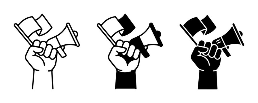 Protest Icons, Fist Holding Megaphone and Flag, Activism Symbols, Social Justice Graphics, Demonstration Vector Art