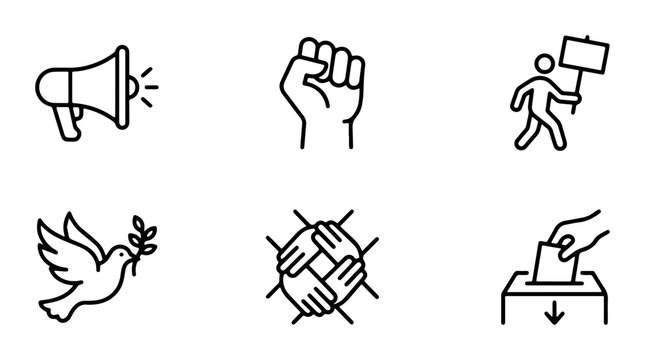 Social Activism Icons: Protest, Peace, Unity, Voting, Megaphone, Fist, Vector Graphics for Demonstrations and Civic Engagement