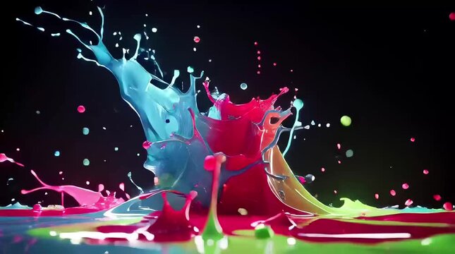 Vibrant paint splashes exploding in dark studio with dynamic motion