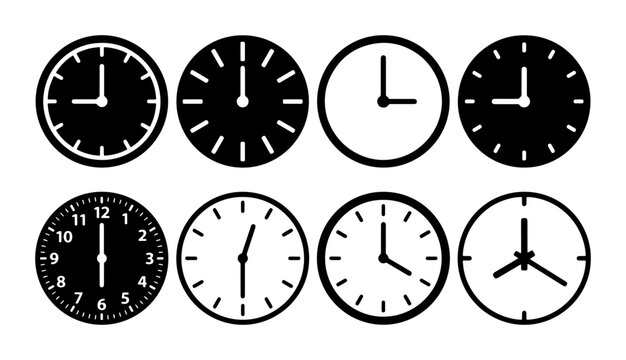 Set of 8 Black and White Analog Clock Icons, Time Measurement Symbols, Round Watch Faces, Simple Graphic Elements for Business and Lifestyle Concepts