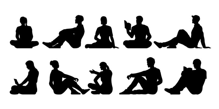 lifestyle people sitting on the floor silhouette set for architectural, men and women talking, relaxing, reading. front and side view, black shadow elevation illustration.