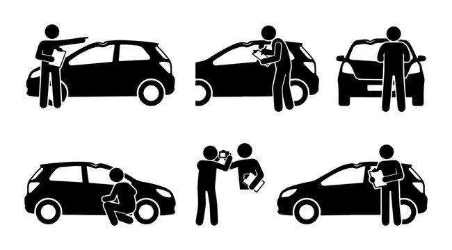 Car Dealership Icons, Automotive Sales Pictograms, Vehicle Purchase Process Stick Figures, Transportation Service Icons, Business Transaction Symbols