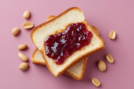 a peanut butter and jelly sandwich with bread, jelly on the top slice of toast