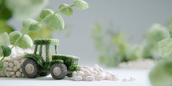 a tractor made of green vines and plants is harvesting white beans