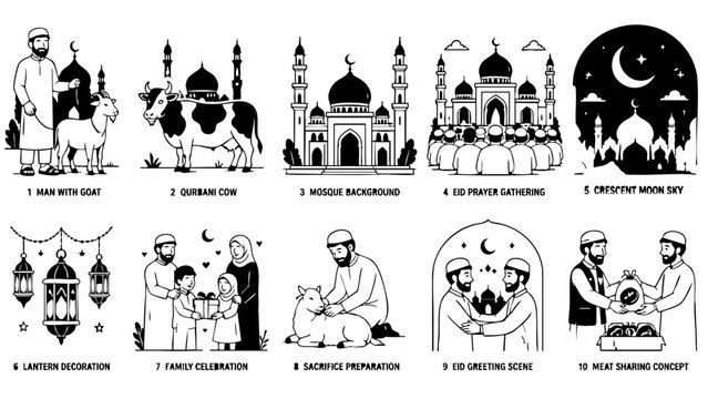 Islamic holiday and tradition illustrations with tradition illustrations building architecture children daughter sacrifice celebration gathering community greeting blessing djellaba