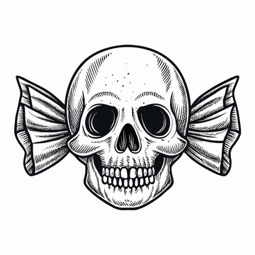 Skull with Winged Bones Vintage Gothic Tattoo Illustration