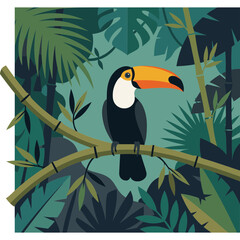 Fototapeta premium A vibrant toucan perches on a branch surrounded by lush tropical leaves and plants in a dense jungle.