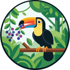 Fototapeta premium A vibrant toucan perches on a branch eating purple berries in the lush jungle.
