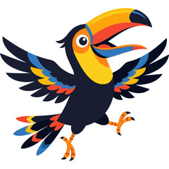 Fototapeta premium Vibrant Toucan Spreads Wings in Tropical Forest Canopy Closeup