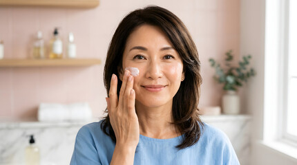 Fototapeta premium Radiant Asian Woman Applying Sunscreen Cream, Morning Skincare Routine