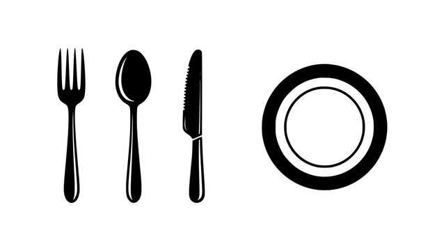 Restaurant cutlery icon vector set with fork spoon knife plate and dining symbols