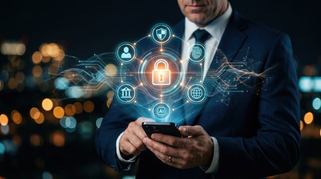 Businessman with smartphone, cybersecurity icons, digital security concept, technology background