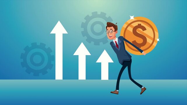 Business professional carrying heavy gold dollar coin with growing financial arrows and spinning gears background.