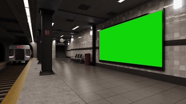 Blank green screen billboard mockup in underground subway station, cinematic horizontal large display on metro platform for advertising and Chroma key 4k video
