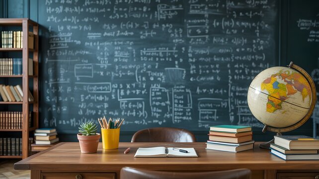 Academic study room with chalkboard filled with complex math formulas and globe on desk.