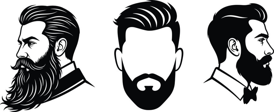 Set of male barber shop haircuts and beards vector silhouette illustration.