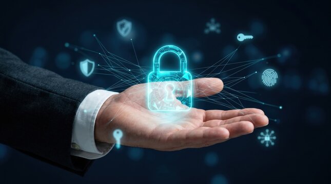 Man palm holding digital padlock icon with connection lines symbolizing online security.