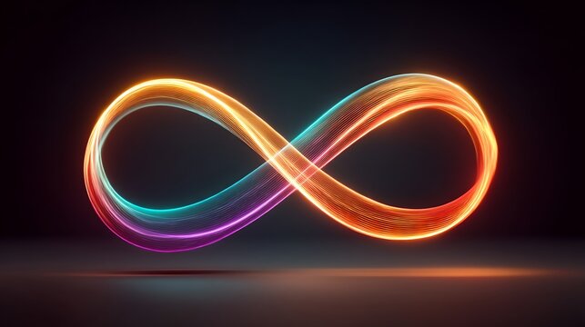 Infinity symbol illuminated with vibrant colors against a dark background, representing limitless possibilities and concepts. This artistic rendering evokes a sense of endlessness and imagination