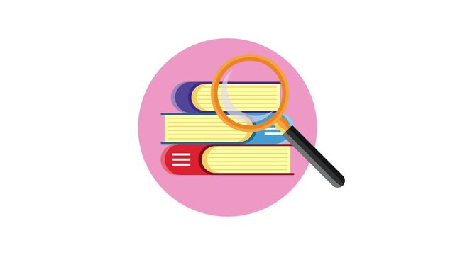 Flat animation of magnifying glass searching through stack of colorful books over pink circle background.