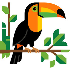 Fototapeta premium A colorful toucan perches on a branch amidst lush green leaves in a vibrant tropical forest scene.