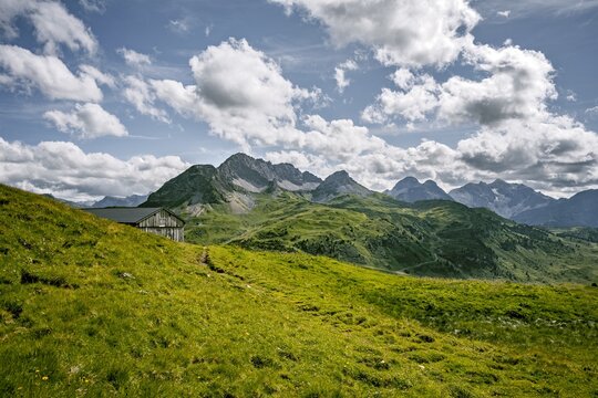 Rustic Mountain Hut in Alpine Meadows with Karhorn and Braunarlspitze View, Bregenzerwald, Austria