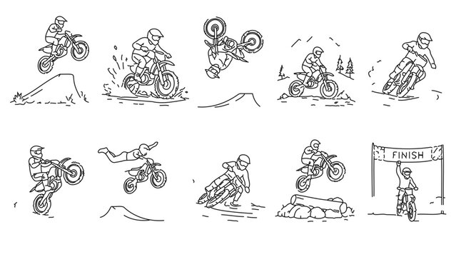 Line art set: motocross race and stunts. dynamic dirt bike riders performing jumps wheelies racing actions. finish line scene. extreme sport vector illustrations motocross