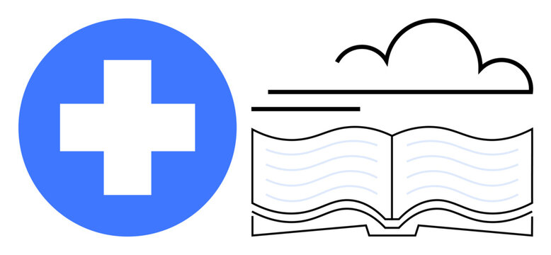 Education, medicine, data storage, cloud technology, healthcare, online learning. A blue medical cross, an open book with lines and a cloud outline. Healthcare and education concepts