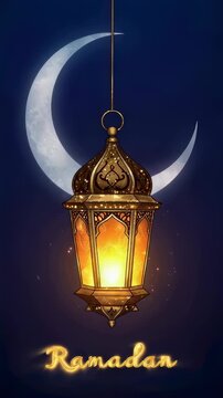 Glowing lantern hangs under a crescent moon for Ramadan. Festive illustration with golden light and religious celebration concept for Islamic holy month traditions. Vertical video