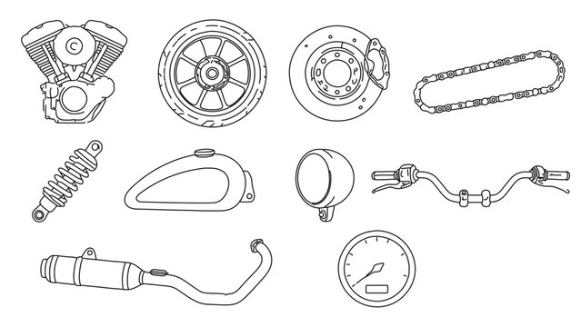  motorcycle parts and components icons. engine wheel brake chain shock absorber fuel tank headlight handlebars exhaust speedometer illustrations with motorcycle, headlight.Line art collection &ndash; 10 set