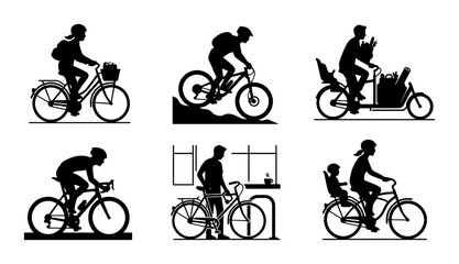 Obraz premium Six bicycle silhouette icons set, solid black style, various people riding bikes for sport, commuting, family recreation