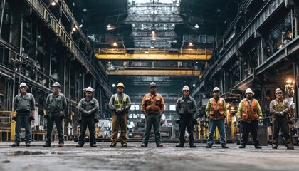 Fototapeta premium Steelworkers standing proudly in factory interior