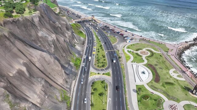 Lima Skyline In Miraflores Lima Peru. Powerful Landscape Of The Vehicles In A Famous Road . Shore Sky Clouds Beach Sea. Shore Beach Tropical Environment. Miraflores Lima.