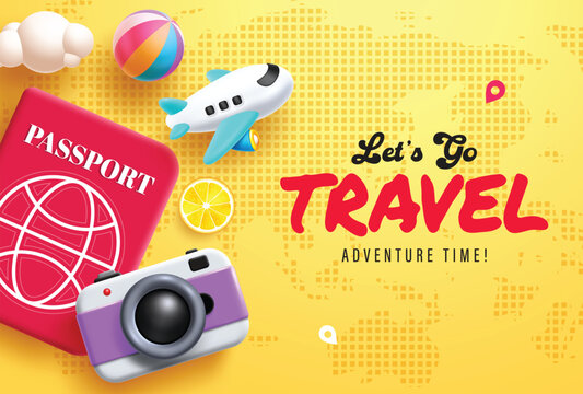 Travel banner clipart design. Let's go travel text with summer and adventure traveler elements on yellow world map background for holiday travel adventure trip and journey vector illustration.
