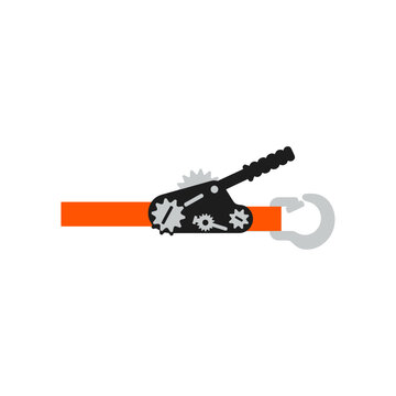 Ratchet strap tie down mechanism with hook and orange webbing on white background