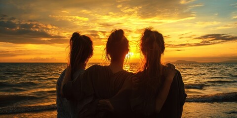 Fototapeta premium The Three Friends Silhouetted at a Golden Sunset on a Calm Ocean Beach